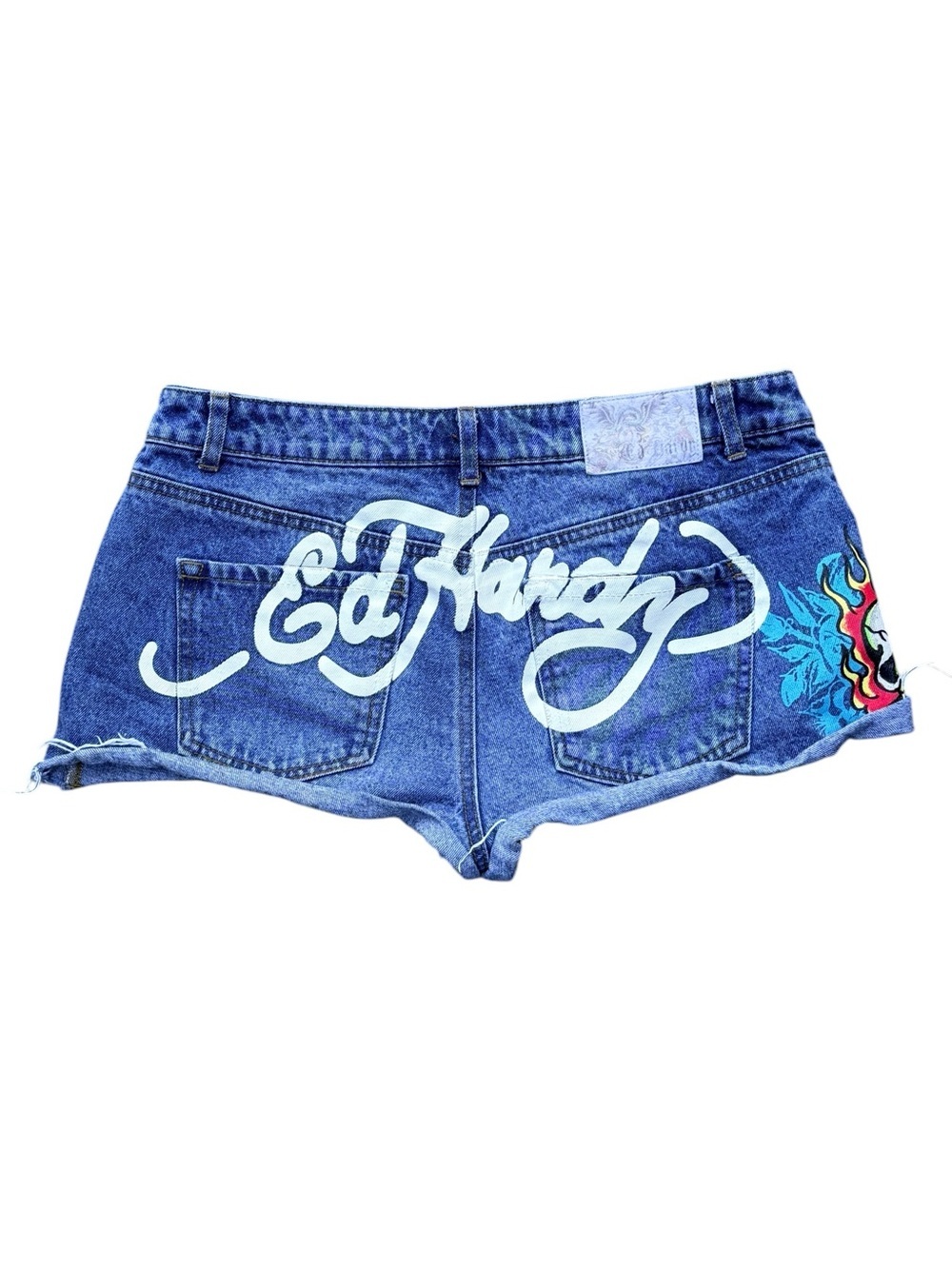 Ed Hardy Denim Shorts Large Y2K Skull Tattoo Low Rise Cutoffs - Picture 2 of 11